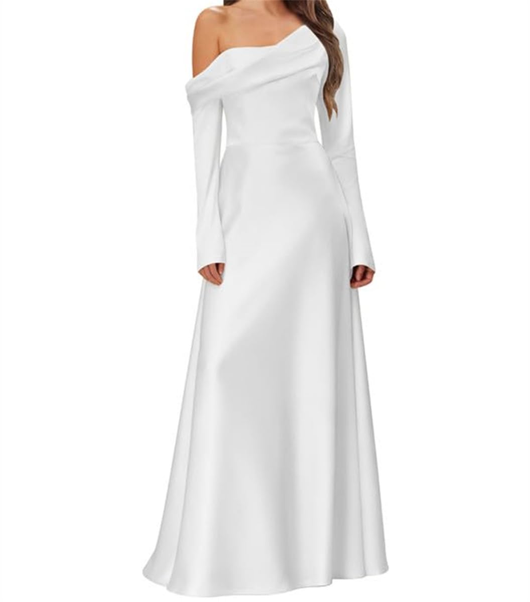 Wseyu Women's White One Shoulder Formal Wedding Party Dresses Lace Up Masquerade Dress Ruched Garden Bridal Gown Uk22