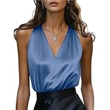 Women's Satin Elegant Tank Top Sleeveless V Neck Plain Shirt Lightweight Summer Spring Tanks 2026 Party Trendy Tops Sky Blue Medium