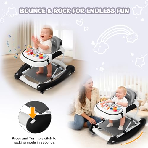 Image of 5-in-1 Foldable Baby Walker,Music and Lights Baby Walker with Wheels,Height Adjustable Infant Walker, with Activity Center, Rocker, Bouncer,Push Walker & Feeding Tray for Babies 6-18 Months (Black)