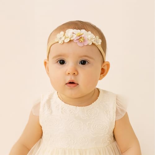 Image of SYGA 3 Pack Baby Girl Floral Headbands - Soft Stretchable Nylon Flower Comfortable Elastic Hairbands for Newborns, Infants & Toddlers 0-3 Years (Design-3)