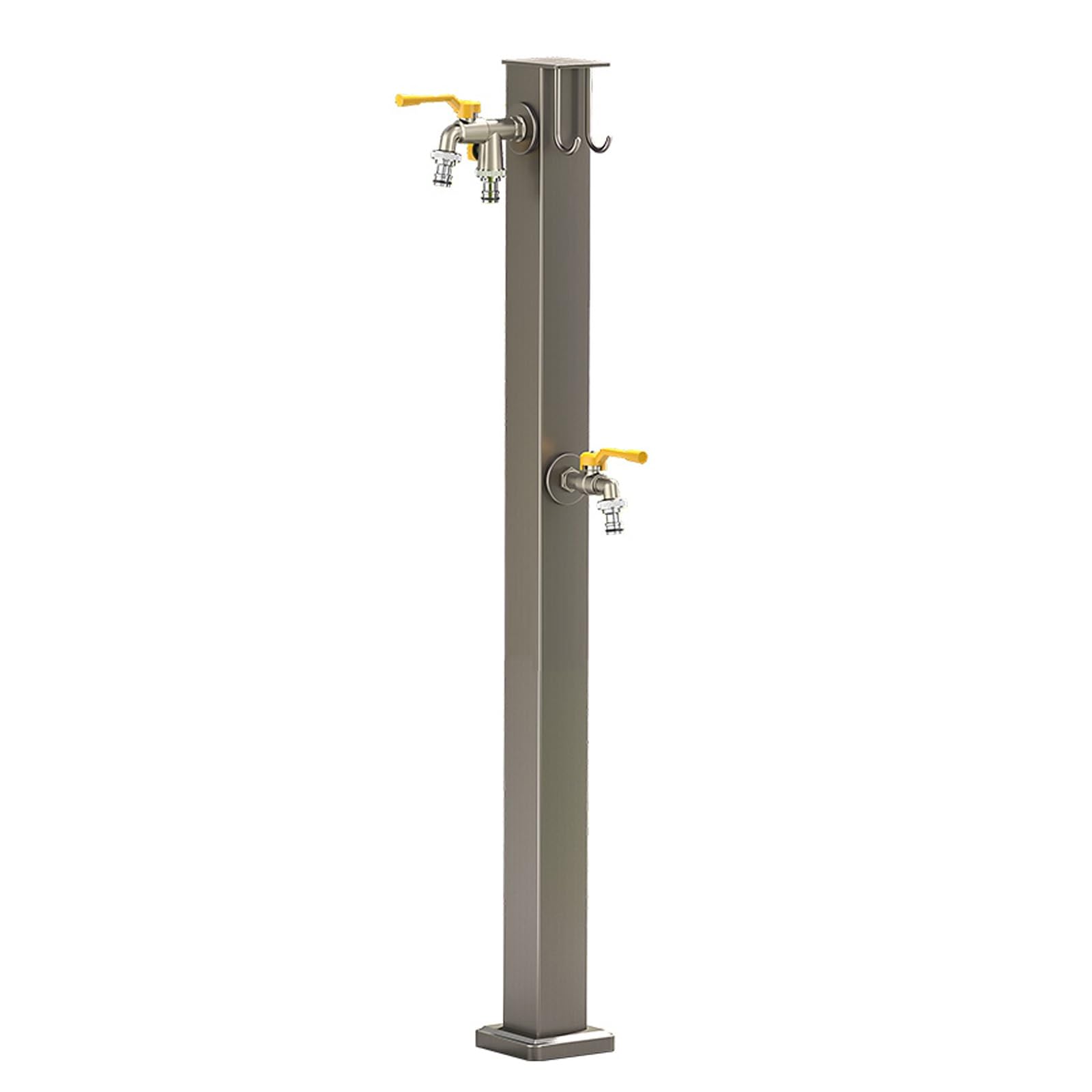 Quadratische Wassersäule Garten aus Edelstahl, Wasserhydrant mit Haken und 2 Wasserhähnen, Frostschutz-Wasserzapfstelle, Grau