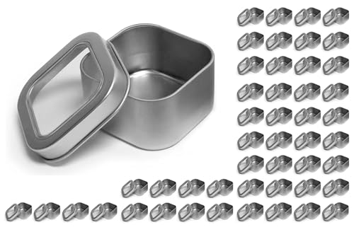 SKS Bottle & Packaging, Inc. 48 Count 4 Ounce Square Metal Tins with Clear View Tops by SKS Bottle and Packaging, Small Tins with Lids, Ideal for Candy, Spices, Mints, Home Organization