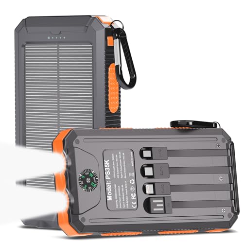 Image of Solar Power Bank 20,000mAh, Portable Phone Charger, 4 Cables Outdoor Waterproof External Backup Power Charger with USB-C for Cell Phones, Solar Battery Pack with Dual Flashlight for Camping