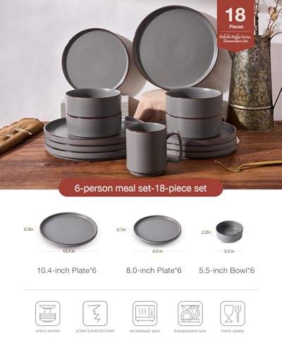 Image of Famiware Nebula Ridge Stoneware Dinnerware Sets for 6, Plates and Bowls Sets, 18 Pieces Dishes Set, Microwave and Dishwasher Safe Kitchen Plates, Dark Gray