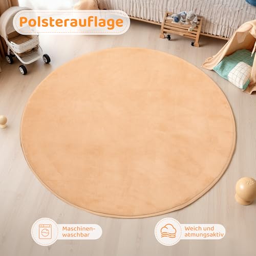 BYBYME 3cm Dicke Faltbare Krabbelmatte Baby, Ø120cm Spielmatte mit Rutschfester Unterseite, Weiche Bodenmatte aus Memory-Schaum für Babys, Kinder & Kleinkinder, Ideal für Wohnzimmer & Yoga, Braun