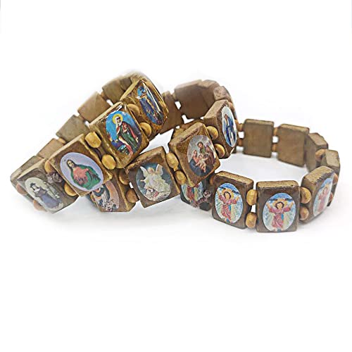 DATOA 4Pcs Wooden Jesus Virgin Mary Bracelet Saints Rosary Stretch Wooden Small Panel Bracelet Religious Saints Jesus Gift2