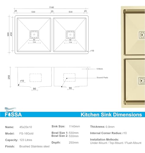 Image of Fossa 45x20x10 Inch Handmade Double Bowl Kitchen Sink | Premium Stainless Steel Sink with Waste Coupling, PVC Waste Pipe & Fruit Basket | Extra-Deep, Heavy-Duty, Rust-Resistant Gold (Matte Finish)