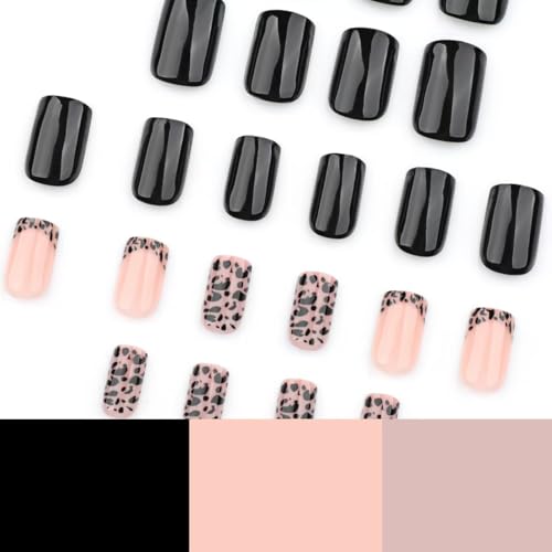 Image of Black Press on Nails Leopard Print Fake Nails with French Tip Design Glossy Glue on Nails Short Square False Nails Artificial Acrylic Full Cover Stick on Nails for Women Girls Nail Decoration 24Pcs