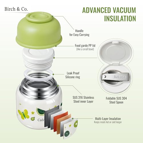 Image of Birch & Co. Baby Feeding Bowl and Spoon Set, Stainless Steel Food Bowls - 320ml, 304 Stainless Steel Baby Food Container with Double Wall Vacuum Insulation, BPA-Free Leak-Proof for School & Travel,Green