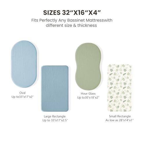 Image of Konssy 2 Pack Muslin Bassinet Sheets for Baby Boy, 100% Cotton Soft Breathable Bassinet Mattress Sheets Fit for Hourglass Oval Cradle Rectangle Mattress (Palm Paradise,Sage)