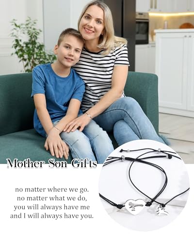 Image of YELUWA 2 Pcs Mother Daughter /Son Bracelets, Back to School Gift | First Day of School Gifts, Mothers Day Gifts, Lovely Charm Bracelets Set Mommy and Me Jewelry with Gift Box Wish Card