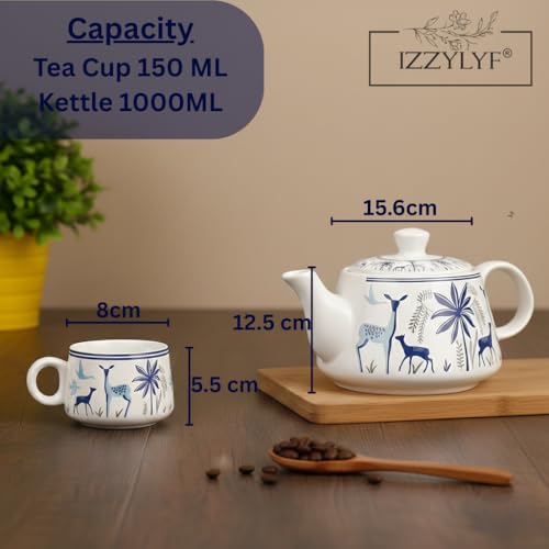 Image of 'Blue Deer' Premium Ceramic Tea Cup Set with Kettle & 6 Cups | Floral Printed Ceramic Cup with Teapot | Handcrafted, Microwave & Dishwasher Safe | Tea Serving Set for Home, Office & Gifting