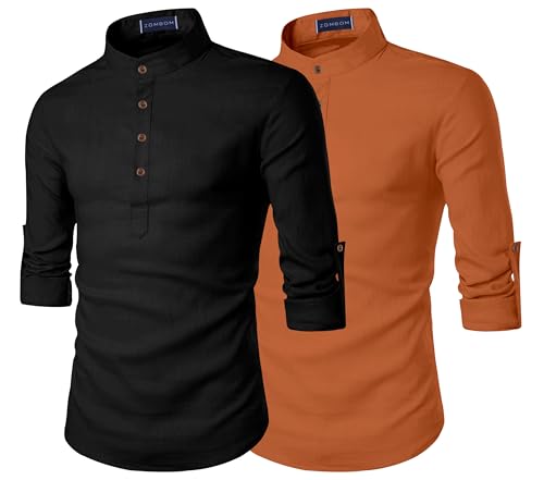 Image of Zombom Men's Combo Cotton Polyester Blend Solid Full Sleeve Straight Regular Fit Mandarin /Chinese Collor Kurta (Pack of 2)