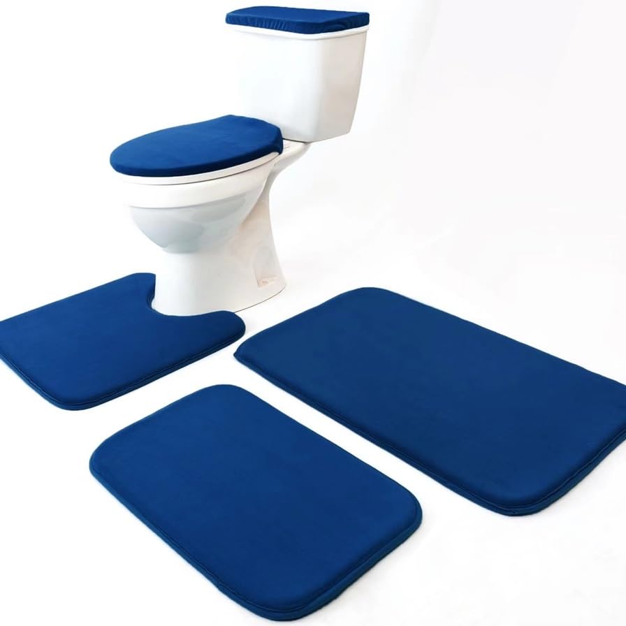 Madeals Memory Foam Bathroom Mat Set 3 Piece and Toilet Lid Cover Tank Rug Combo for Bathroom Rug Navy Blue