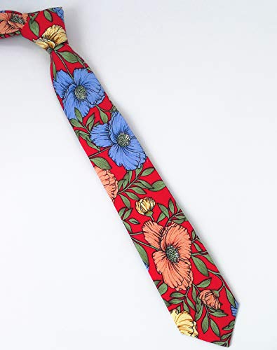 Image of Men's Skinny Tie Floral Cotton Necktie and Tie Bar Clip Sets, Great for Weddings,Groom,Groomsmen