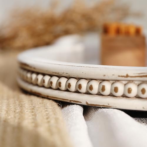 image for Hanobe Decorative Serving Tray Wood: White Washed Bead Oval Tray for C