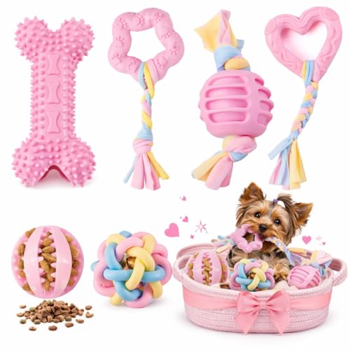 Puppy Chew Toys, 6 Pack Puppy Teething Toys for Small Breed, Soft Rubber Cute Pink Dog Toys, Eco-Friendly, Teeth Cleaning Interactive for Small Dogs (Basket not Included)