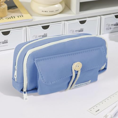 Image of Canvas School Bag Pencil Case, 3 Layer 6 Compartment Large Capacity, Aesthetic Pencil Pouch for Stationary, Cute Stationery for Kids, Pencil Case for Girls & Boys (Our Timer Blue)