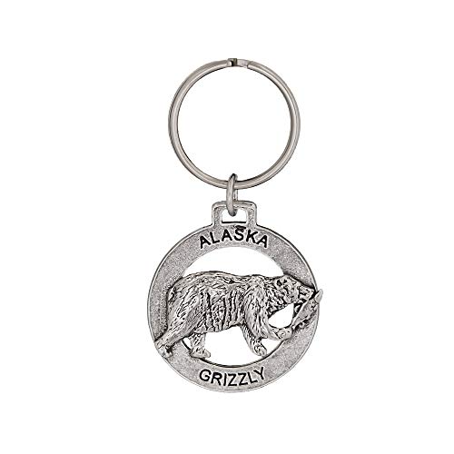 Alaska Grizzly Bear with Salmon Keychain, A626KC, 1 1/2”, Pewter, Metal, Souvenir, 100% Handmade in The USA, Alaskan Travel Keychain, Key Chain, Key Ring, Key Fob, Gift, 20+ Alaskan Designs Available