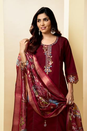 Image of Multi Embroid Kurta Set with Dupatta | Roman Silk Embroidered Kurta Set for Women | Women's Ethnic Casual Kurti Set |Kurta Pant Festive Suit