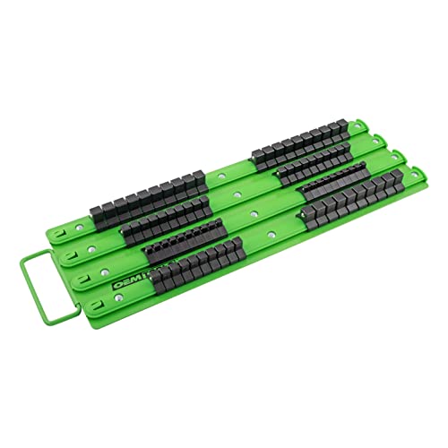 Oemtools 22203 Professional Socket Organizing Tray, Holds 80 Metric And Sae Sockets, 1/4 Inch, 3/8 Inch, And 1/2 Inch Drive, Green And Black Socket Rack #TOP5