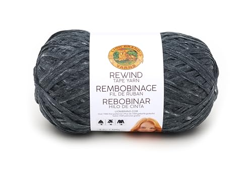 Lion Brand Yarn, Rewind Bulky Flat Tape Yarn for Crochet, Knitting and Crafts, Moto Jacket, 1 Pack, Soft Fiber for Bags, Summer Hats, and Shawls, Dark Grey