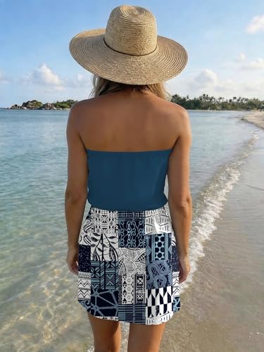 Image of SAUKOLE Summer Dress for Women Strapless Beach Cover Ups Boho Sundress Mini Dress Drawstring Waist with Pockets