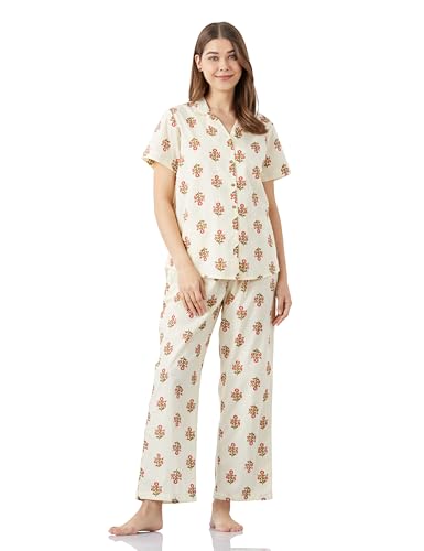 Image of Amazon Brand - Myx Women Cotton Shirt and Relaxed Pajama Set | Night Suit Set (Available in Plus Sizes)