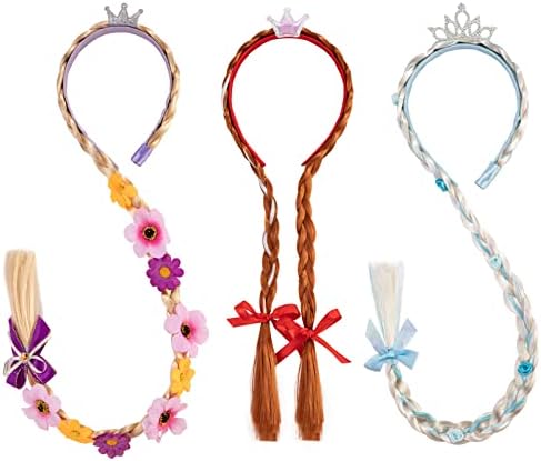 Hifot 3pcs Hairpieces Princess Dress Up Wigs for Girls, Tangled Long Braided Wigs, Rapunzel Anna Elsa Wig for Kids, Cosplay Wig Headbands with Crown Flower, Costume Hair Accessories Brown Blonde