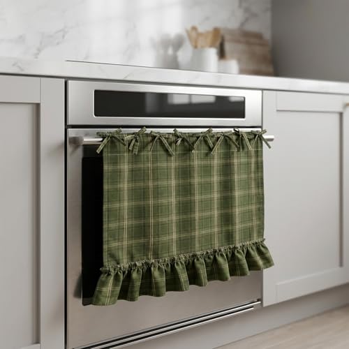 Handmade Farmhouse Oven Skirt Curtain for Kitchen Decor, 30 x 21.5 Inch Polyester Cotton Stove Cover with 8 Ribbon Ties & Ruffled Trim, Decorative Appliance Skirt for Oven, Dishwasher (Green)
