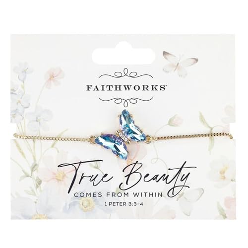 Faithworks Christian Jewelry - True Beauty Gold-Tone Enamel Butterfly Charm Bracelet, Adjustable, Blue3