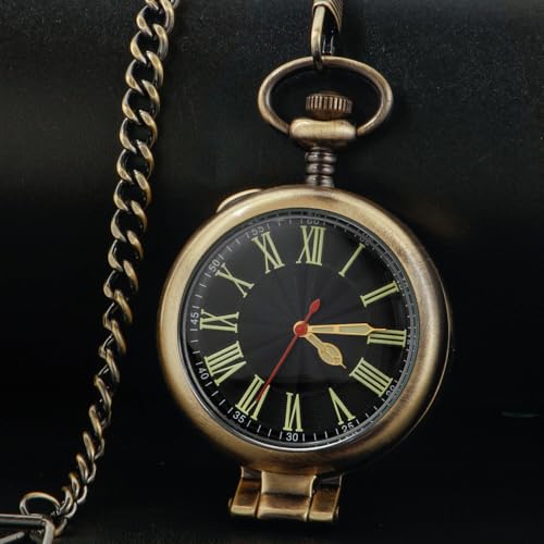 Image of Tiong Transparent Cover Pocket Watches Quartz Roman Numerals Men Arabic Numerals with Chain&Box(Bronze-R)