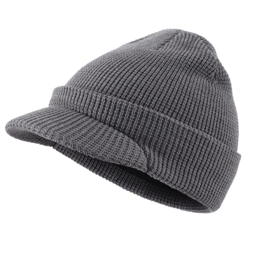 Image of Magracy Unisex Wool Blend Visor Beanie Hat Double-Layer Warm Winter Hat for Men Women Peaked Beanie Outdoor Grey