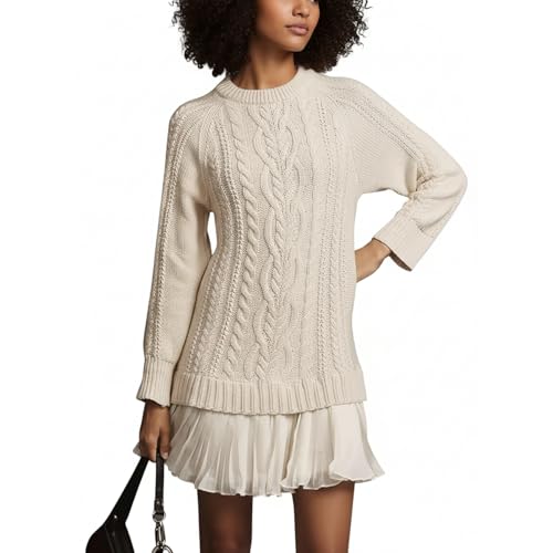 Women Crewneck Cable Knit Sweater Mini Dress Cable Chunky Knit Paneled Pleated Skirt Soft Stretchy Knitted Dress