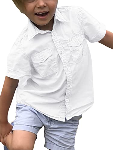 Makkrom Boys Button Down Short Sleeve Linen Shirts Casual Summer Beach Lapel Collar Top Shirts White #TOP3