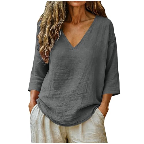 ECUNGWUA Haut Lin Femme t-Shirt en Lin et Coton Col en V Manche Longue 3/4 Été Blouse Légère Fluide Casual Ample Tunique Grande Taille Vetement Mode Tops T Shirt pour Vacances Plage