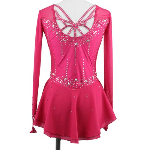 DIJITOO Vestido de patinação artística, fantasia de competição de manga comprida com strass, collant