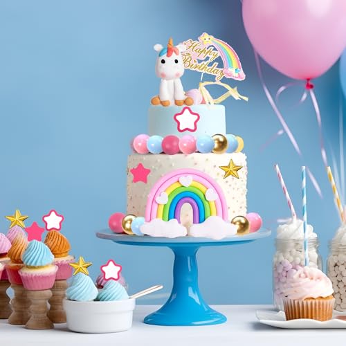 29 PCS Unicorn Cake Topper, Unicorn Cake Decorations with Rainbow Stars Balls Happy Birthday Cake Decorations for Boys Girls Kids Birthday Party Baby Shower Supplies