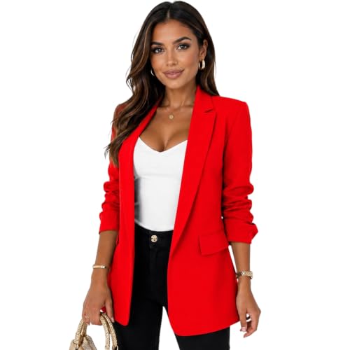 Image of Ladies Ruched Sleeve Blazers For Women Formal Office Jacket (Red, Large)