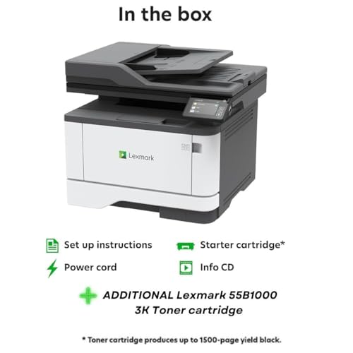 Image of Lexmark MX331adn Black and White Laser All-in-One Printer with Touchscreen, Duplex Printing and Analogue Fax (29S0150) Bundle 55B1000 Black 3K Yield Toner Cartridge