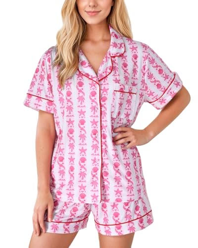 Women's 2-Piece Pajama Set Palm and starfish Print Sleepwear Breathable Cotton Short Sleeve for Birthday Gift