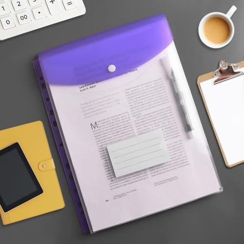 Vakki Lot de 12 porte-documents A4 transparents à ranger - Avec 11 bords perforés - Bouton pression pour organiser des documents - 6 couleurs – vue 8