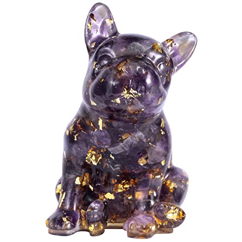 mookaitedecor 3 Inch Amethyst Crystal French Bulldog Dog Statue Ornat, Semi Precious Stone Lover Gift, Office Decor