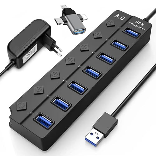 Image of ADZOY 3 in 1 OTG Adapter with Powered USB Hub 3.0, 7-Port USB Data Hub and Individual On /Off Switches and 5V /1A Power Adapter USB Extensionfor Laptop, PC, Computer, Mobile HDD