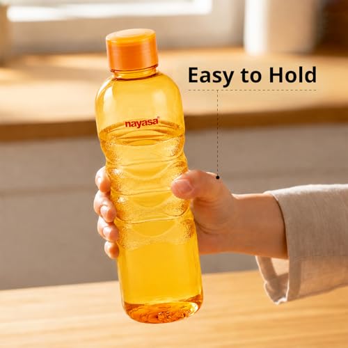 Image of Nayasa Revello 1000 ML Pet Plastic Fridge Water Bottles Set of 6 | BPA Free | Leak Proof | Airtight Lid | Orange