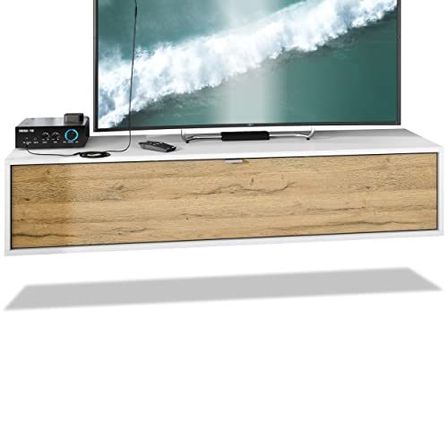 Vladon Meuble TV Lana 140 Armoire Murale lowboard 140 x 29 x 37 cm, Caisson en Blanc Mat, façades en Chêne Nature | Grand Choix de Couleurs