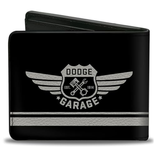 Buckle-Down Men's PU Bifold Wallet-Dodge Garage Emblem Stripe Black/Light Gray, Multicolor, 4.0" x 3.5"2