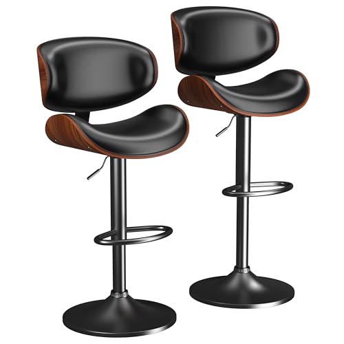 Image of YaFiti Bar Stools Set of 2, Bar Stools for Kitchen Island with Bentwood Back and Leather Seat, Swivel Barstools for Kitchen Counter, Bar, Black