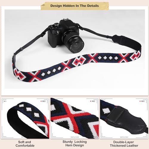 Image of Universal Camera Strap - Camera Neck Strap, Adjustable Shoulder Straps Compatible with Canon, Fujifilm, Nikon, Olympus, Panasonic and other SLR and mirrorless cameras - Red Black and White Weave