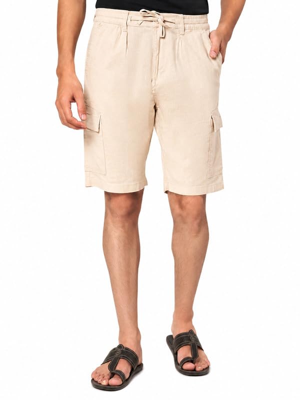 Amaara Men's Mid Waist Knee Length Regular Fit Olive Green Linen Cargo Shorts-picture-42